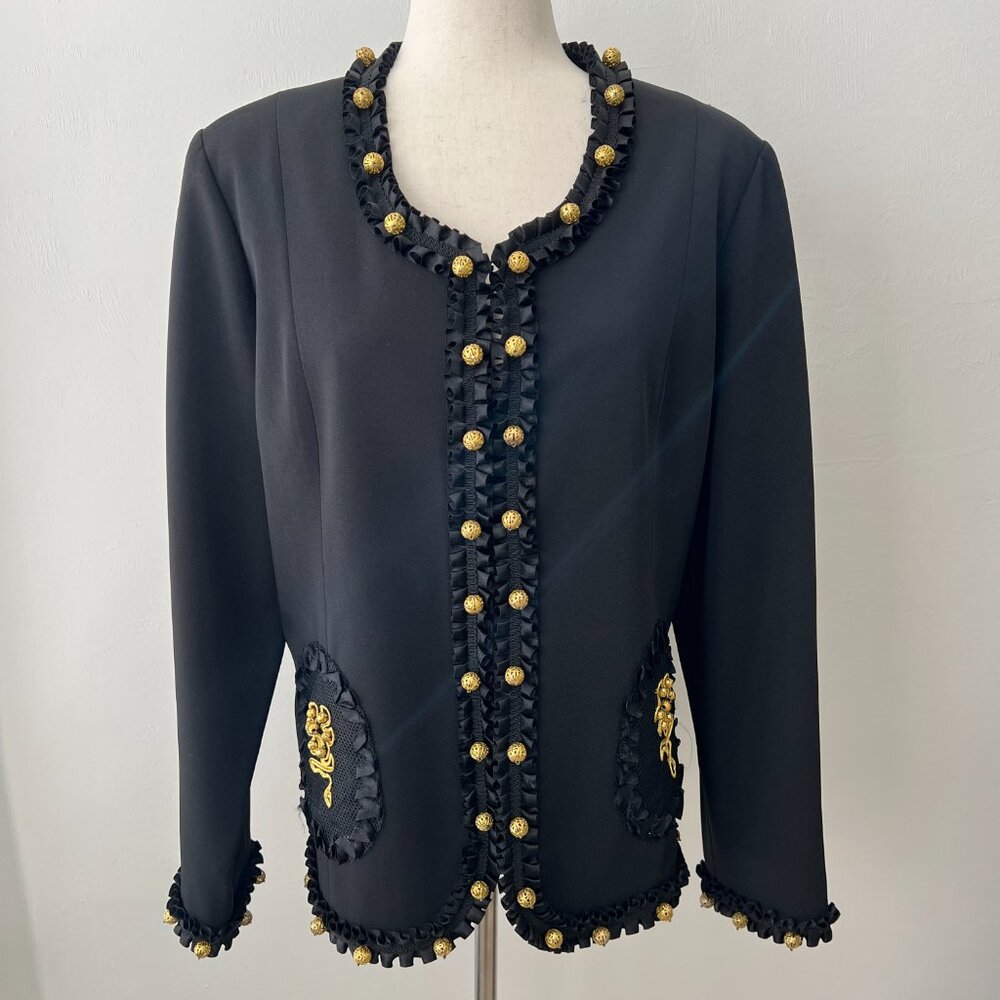 Victor Costa Black Jacket with Gold Buttons and Detailing Designer VTG Couture